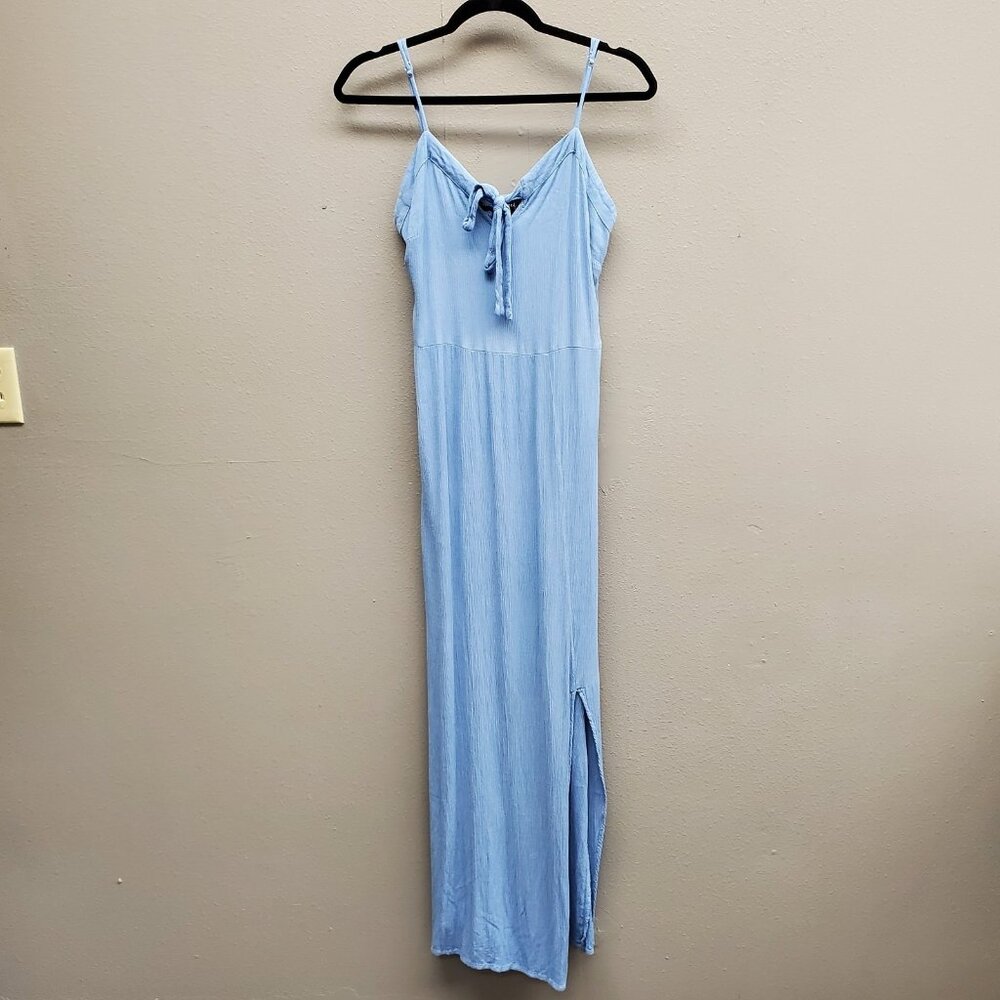 Belle Tweed Dress Womens Large Blue Maxi Spaghetti Strap Tie Front Slit Rayon